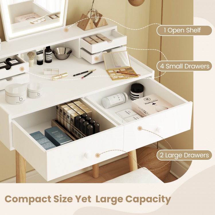 Vanity desk set featuring a white finish, 6 drawers, and an open shelf, perfect for organized makeup storage.