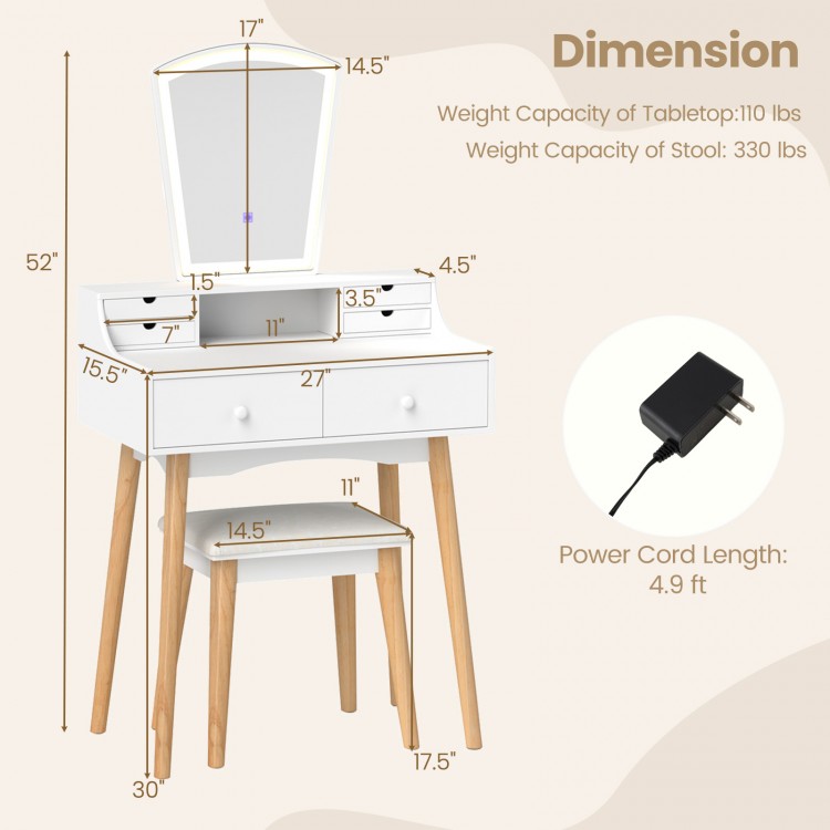 Vanity desk set in white with 3-color LED mirror, 6 drawers, and a padded stool for stylish makeup organization.