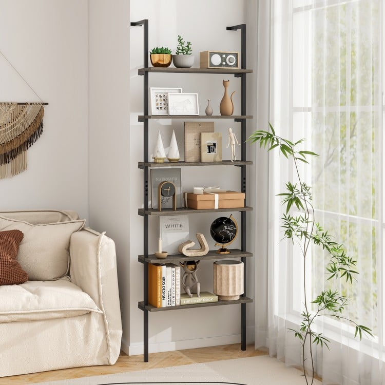 6-tier ladder shelf in oak with industrial design, perfect for displaying plants and decor in any room.
