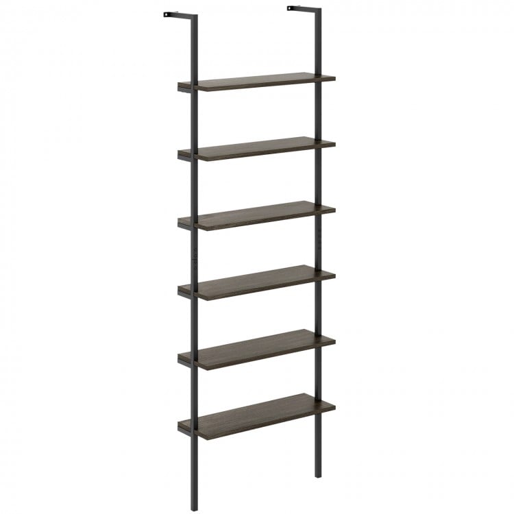 6-tier ladder shelf in oak with industrial design, perfect for displaying plants and photos, wall-mounted for stability.