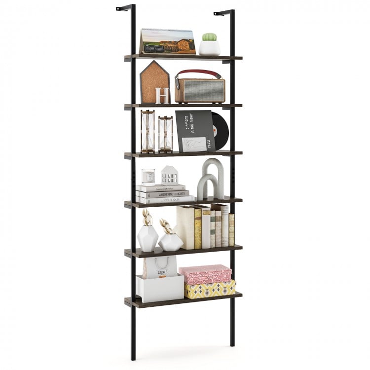 6-tier ladder shelf with oak finish, featuring ample space for decor and storage, ideal for wall-mounted display.
