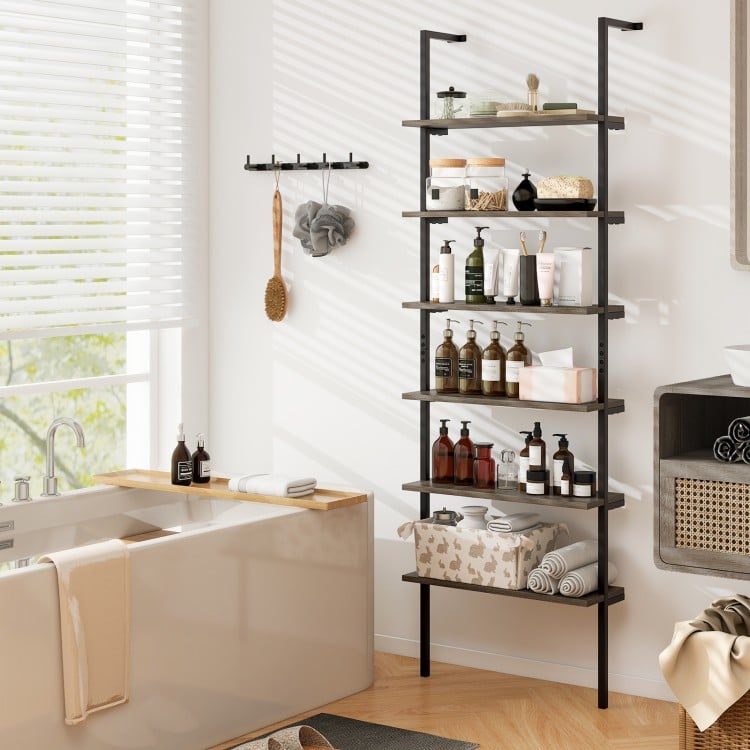 6-tier ladder shelf with oak finish, wall-mounted for storage, featuring rustic wood grain and heavy-duty construction.
