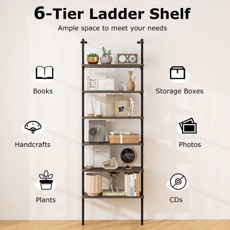 6-tier ladder shelf in oak finish, showcasing ample space for books, plants, and photos, perfect for industrial decor.