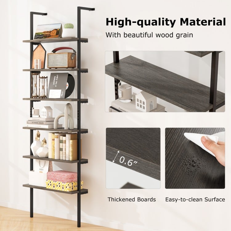 6-tier ladder shelf with oak wood grain, 72 inches tall, featuring thickened boards and easy-to-clean surface for.