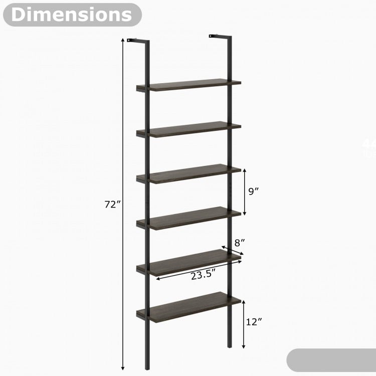 6-tier ladder shelf in oak finish, 72 inches tall, designed for wall mounting, perfect for storage and display.