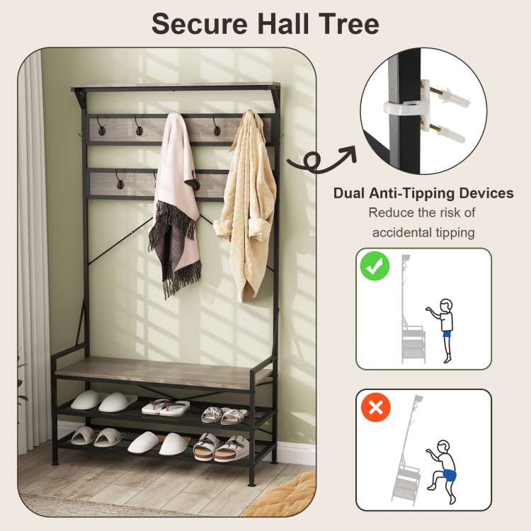 Coat rack hall tree in gray with 11 hooks, shoe bench, and anti-tipping devices for added stability and safety.
