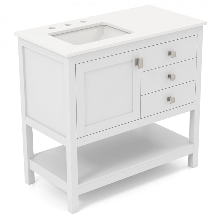 Freestanding bathroom vanity unit in white with ceramic sink, granite countertop, and storage cabinet for grooming.