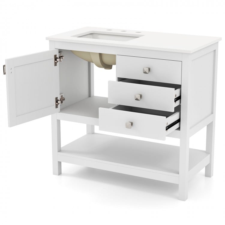 Freestanding bathroom vanity unit in white with ceramic sink, granite countertop, and spacious storage drawers.