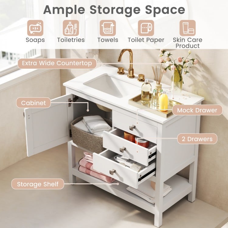 Freestanding bathroom vanity unit in white with a ceramic sink, granite countertop, and ample storage space.