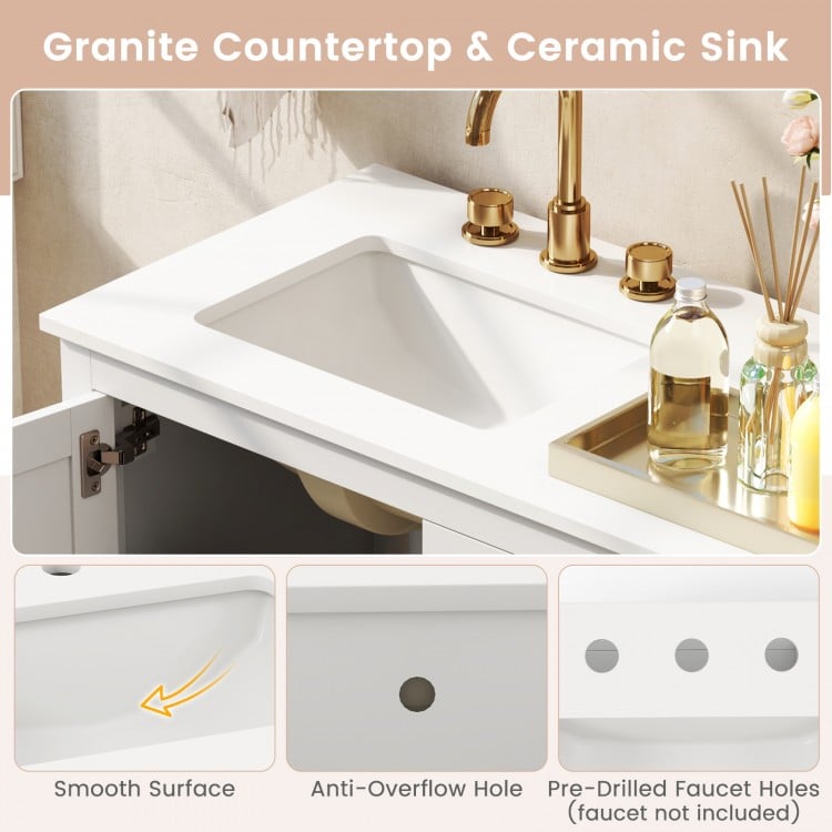 Freestanding bathroom vanity unit with a white granite countertop and ceramic sink, featuring smooth surface and.