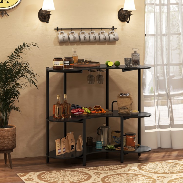 3-tier black liquor bar table with stemware racks and storage shelves, perfect for organizing drinks and accessories.