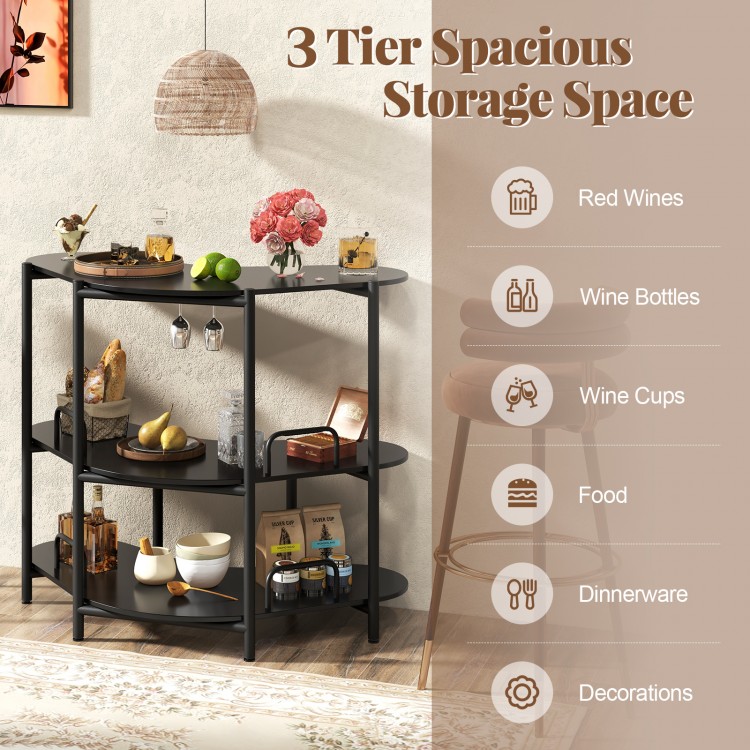 3-tier black liquor bar table with stemware racks, perfect for organizing wine, glasses, and dinnerware in style.