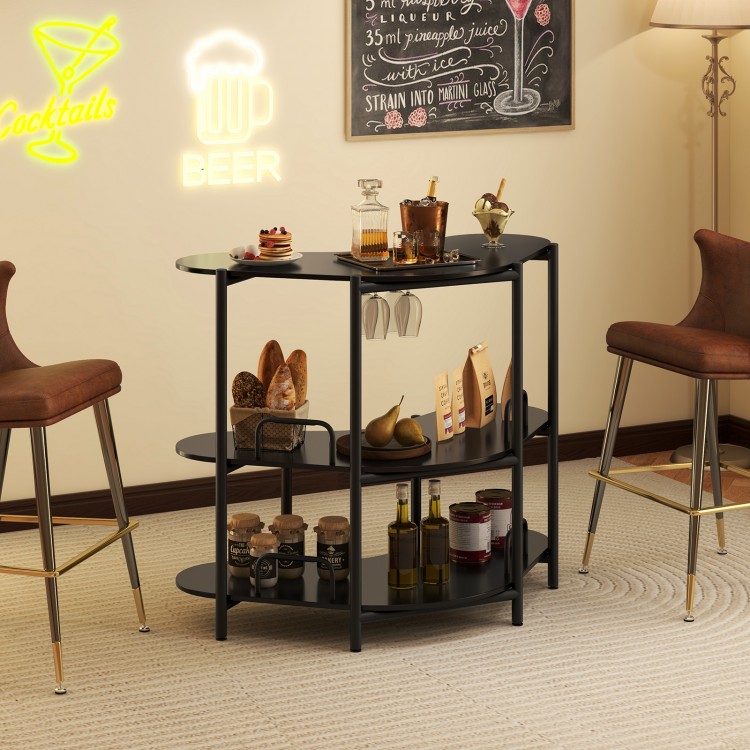 3-tier black liquor bar table showcasing stemware racks and an industrial design, ideal for stylish drink storage.