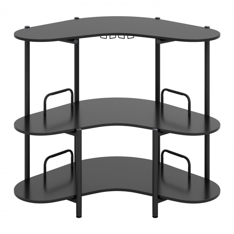 3-tier black liquor bar table with stemware racks and storage shelves, perfect for home or bar use.