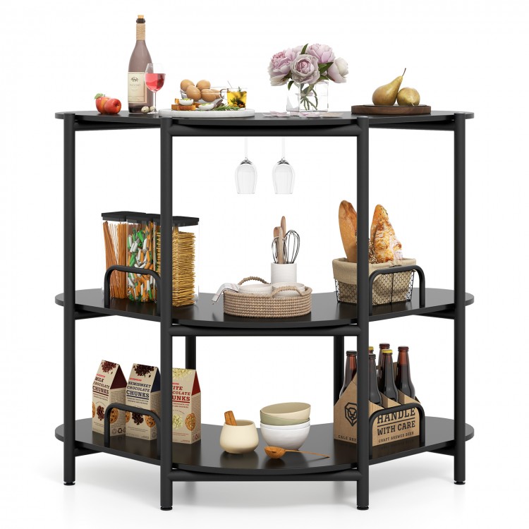 3-tier black liquor bar table with stemware racks and storage shelves, perfect for organizing wine and accessories.