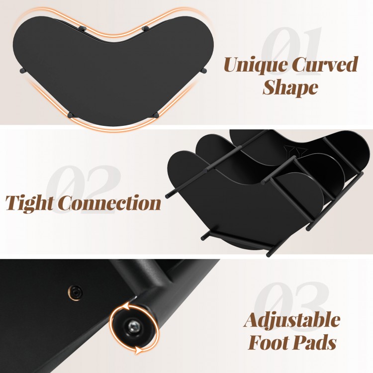 3-tier black liquor bar table with curved shape, stemware racks, and adjustable foot pads for stability and style.