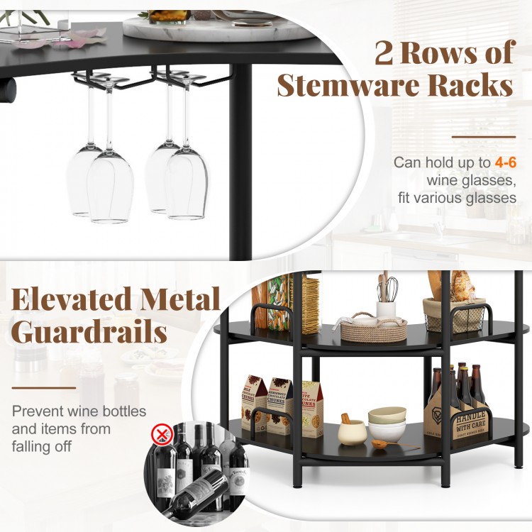 3-tier black liquor bar table with stemware racks, featuring elevated guardrails for organized wine storage and display.