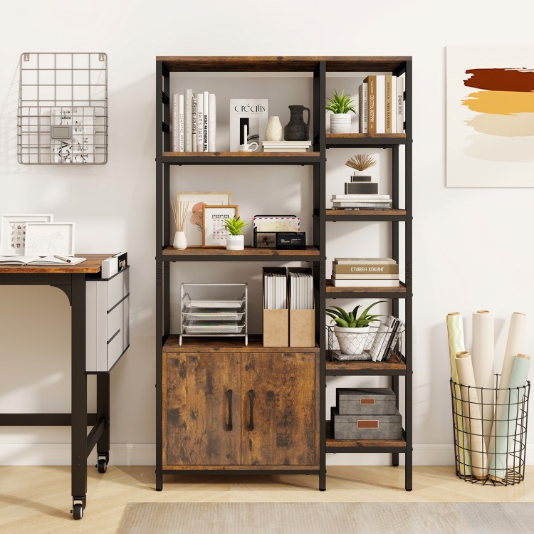 Double wide 8-tier bookshelf in rustic brown with staggered shelves and 2-door cabinet for stylish home organization.