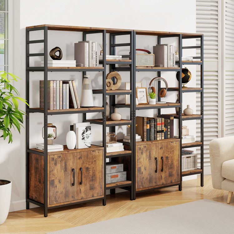 Rustic brown Double Wide 8-Tier Bookshelf featuring a 2-door cabinet and stylish staggered shelves for versatile.
