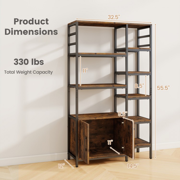 Dimensions of the Double Wide 8-Tier Bookshelf with 2-Door Cabinet, showcasing rustic brown finish and sturdy metal.