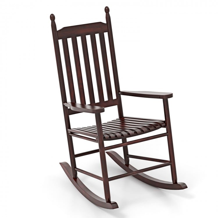 High-back acacia wood outdoor rocking chair in brown with sturdy base, ideal for backyard or balcony relaxation.
