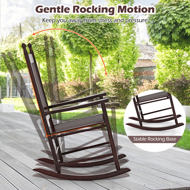 High-back acacia wood outdoor rocking chair in brown with a stable rocking base, perfect for backyard relaxation.