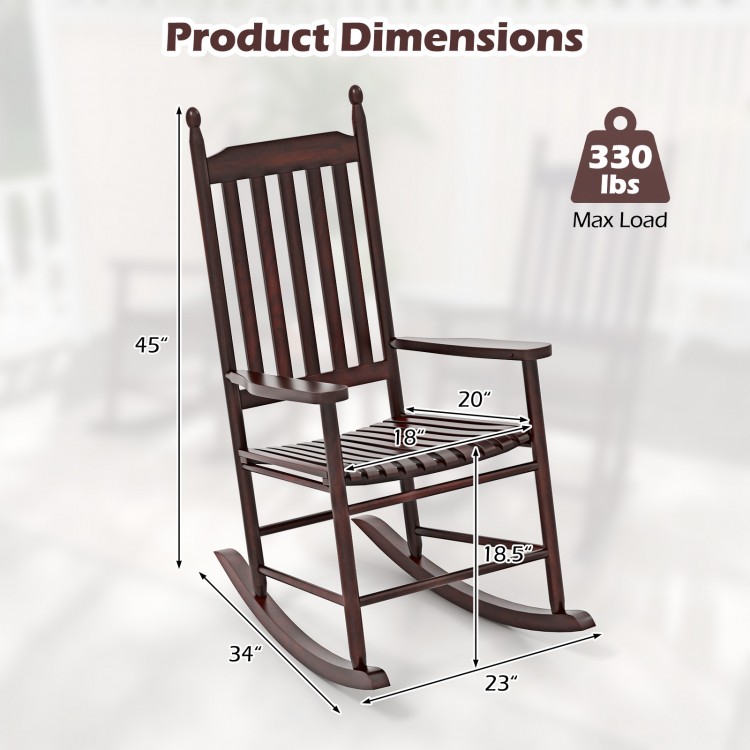 High-back acacia wood outdoor rocking chair in brown, featuring a sturdy base and comfortable design for backyard.