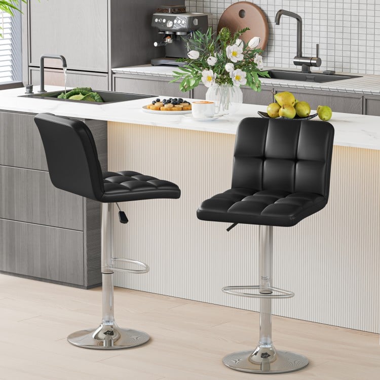 Black modern bar stools set of 2 with backrest, adjustable height, and metal base for stylish kitchen seating.