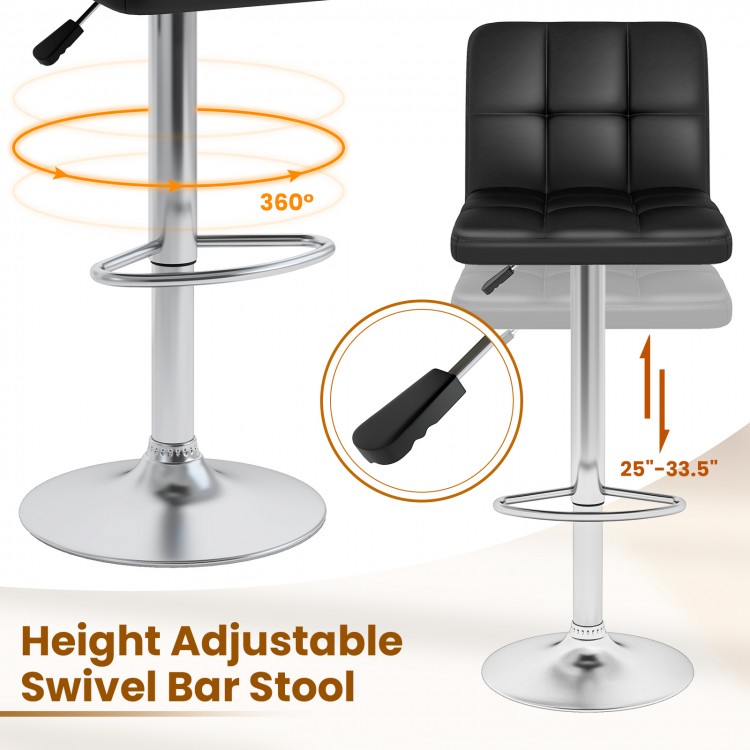 Height adjustable black bar stool with backrest, 360° swivel, and heavy-duty metal base for versatile counter use.