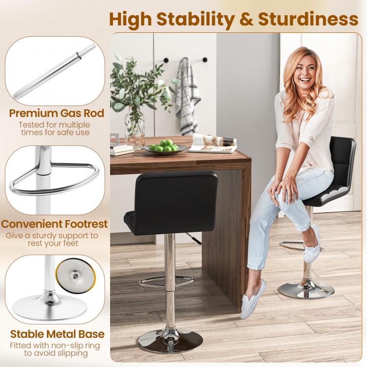 Modern black bar stool with backrest, adjustable height, and sturdy metal base, perfect for kitchen counters or bars.