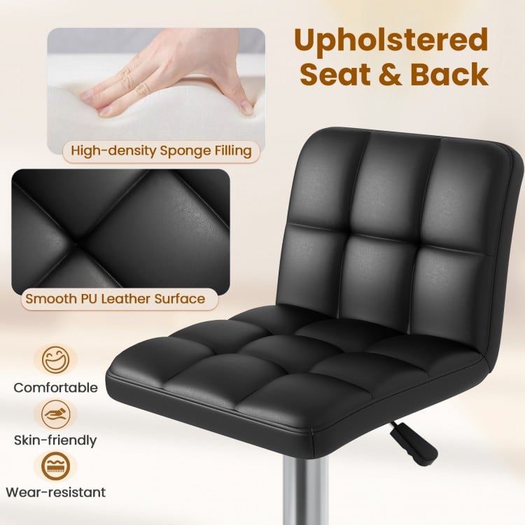 Black upholstered bar stool seat with high-density sponge filling and smooth PU leather surface for comfort and style.