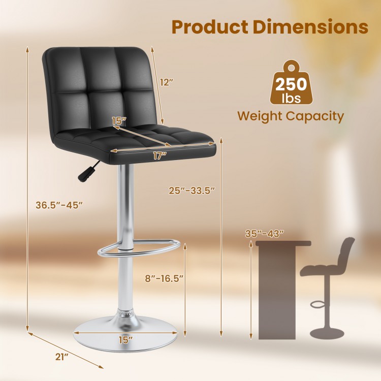 Dimensions of the Modern Bar Stool with backrest, featuring a heavy-duty metal base and adjustable height for versatile.