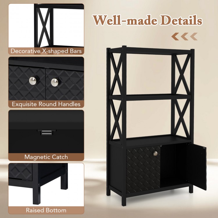 Bathroom storage cabinet in black with open shelves, double doors, and X-shaped bars for stability and style.