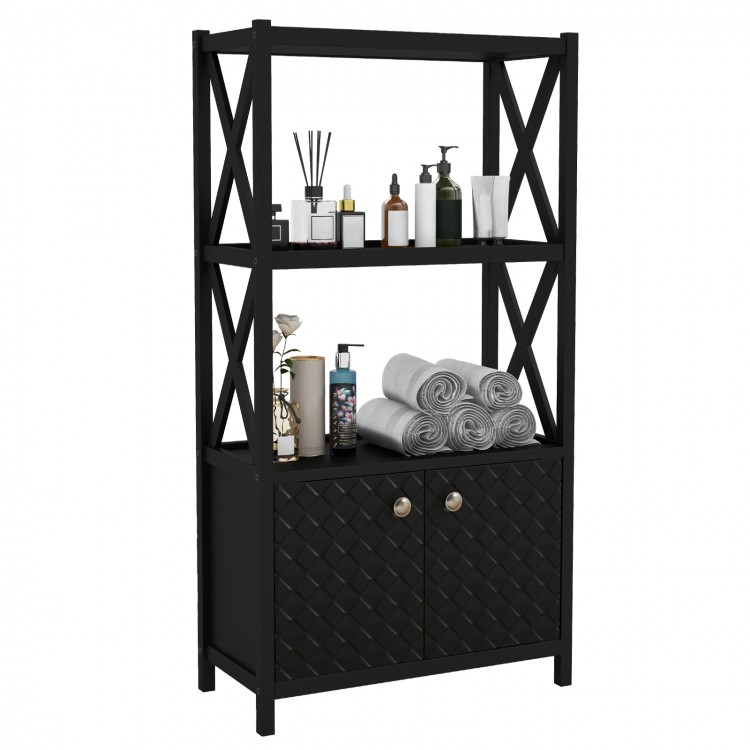 Black bathroom storage cabinet with a textured double door design, featuring open shelves for decorative or essential.