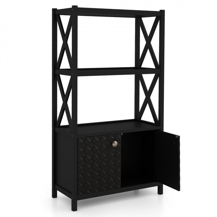 Black bathroom storage cabinet with open shelves and double doors, featuring a solid rubber wood frame and X-shaped.