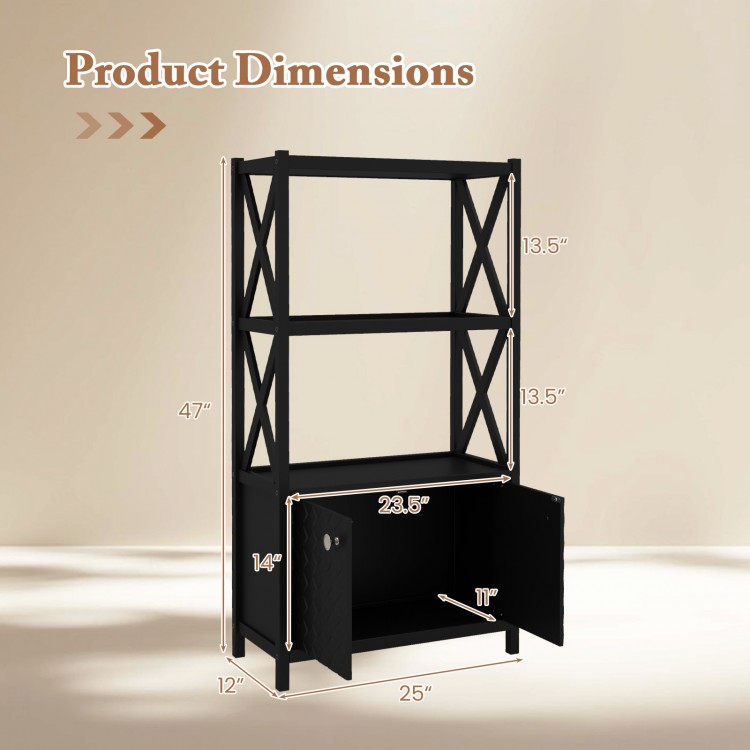 Bathroom storage cabinet dimensions with open shelves and double doors in black, ideal for versatile home organization.