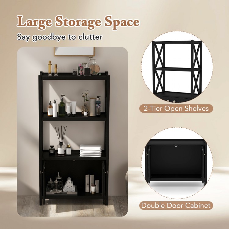 Bathroom storage cabinet in black with open shelves and double doors, offering versatile storage for home decor.