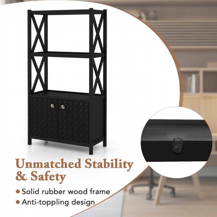 Bathroom storage cabinet in black with open shelves, double doors, and anti-toppling design for secure organization.