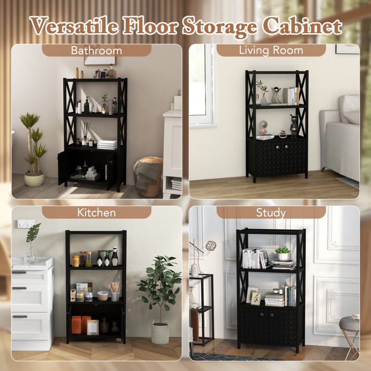 Versatile black floor storage cabinet with open shelves and double doors, perfect for organizing any room's decor.