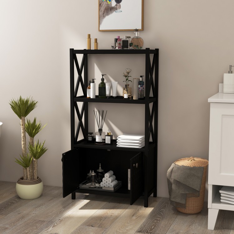 Black bathroom storage cabinet showcasing open shelves and double doors, featuring X-shaped bars for added elegance and.