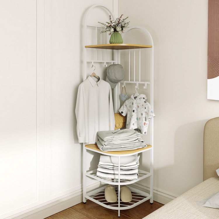 4-tier coat rack corner hall tree with shoe storage bench, featuring removable hooks and a natural wood finish for.