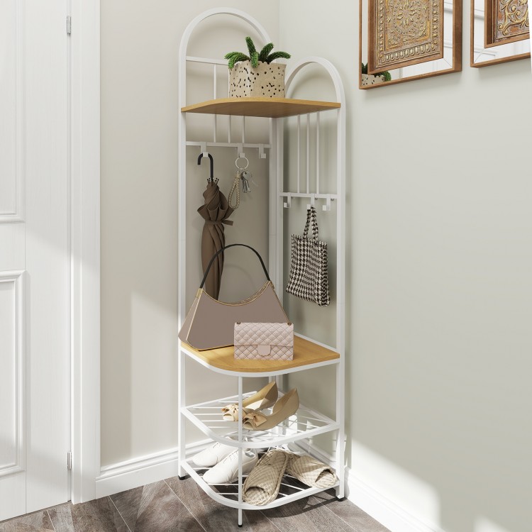 4-tier coat rack corner hall tree with shoe storage bench, featuring a natural wood finish and metal frame for entryway.