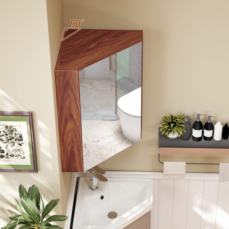 Corner medicine cabinet with mirror door in brown, featuring adjustable shelf and soft close hinges for space-saving.