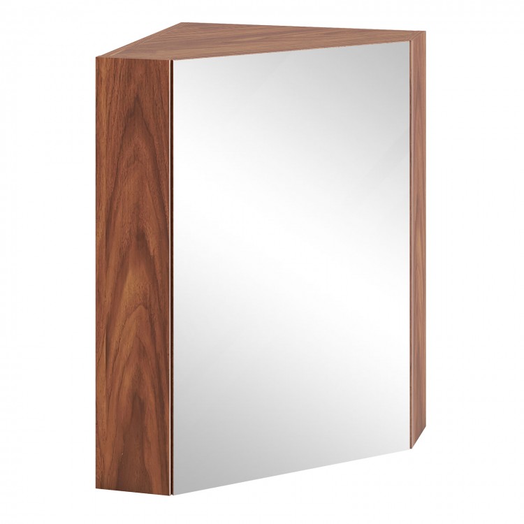 Corner medicine cabinet in brown with mirror door, adjustable shelf, and soft close hinges for efficient space.