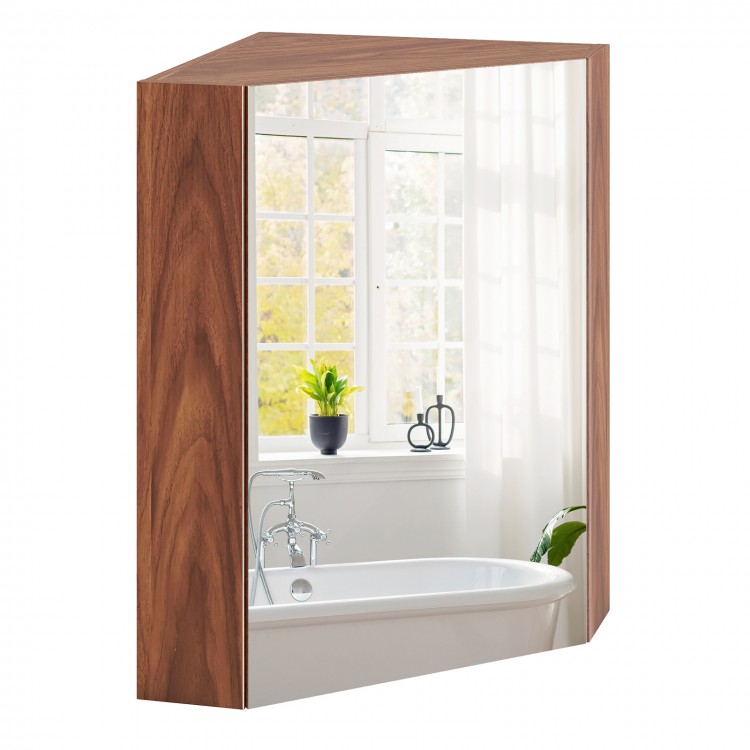 Corner medicine cabinet with mirror door, brown finish, adjustable shelf, ideal for small spaces and daily grooming.