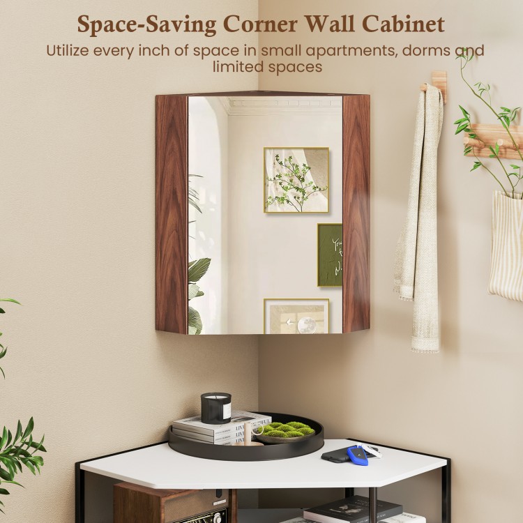 Corner medicine cabinet with mirror door, brown finish, adjustable shelf, ideal for small spaces and easy assembly.