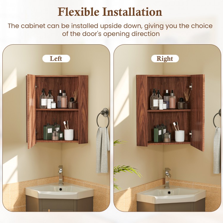 Corner medicine cabinet in brown with adjustable shelf and mirror door, showcasing flexible left or right installation.