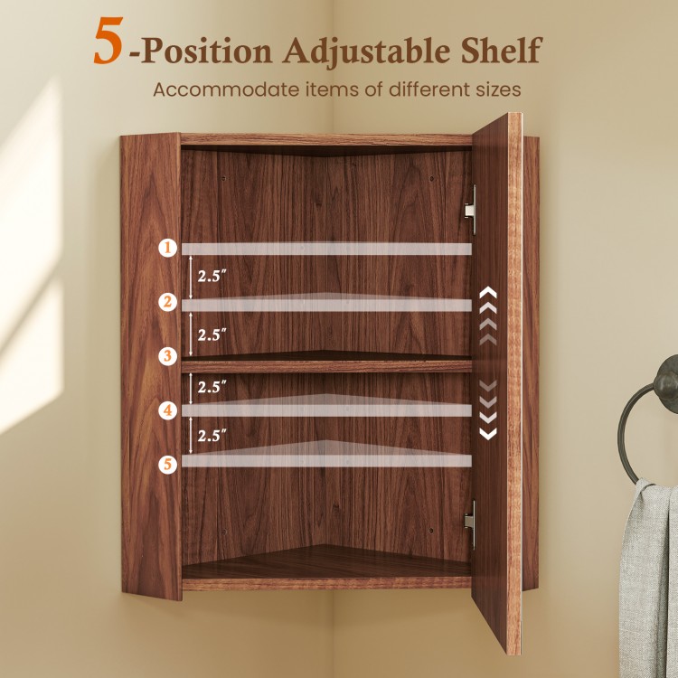Corner medicine cabinet with mirror and adjustable shelf, featuring 5-position storage for versatile organization.