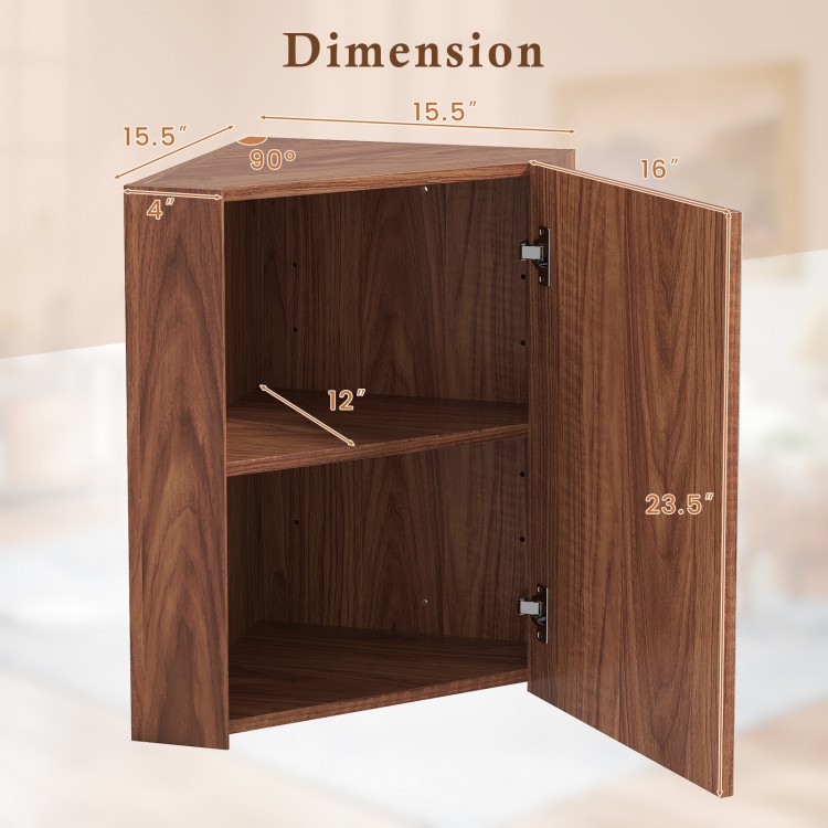 Corner medicine cabinet in brown with open mirror door, adjustable shelf, and dimensions for efficient space use.