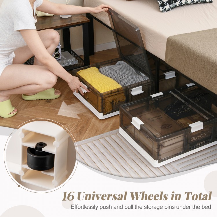 Close-up of a stackable storage container with transparent lid and locking buckles, perfect for organizing under-bed.